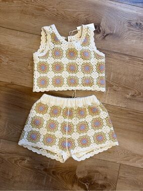 Crochet Floral Tank and Shorts Set in Cream, Green, Pink, Blue